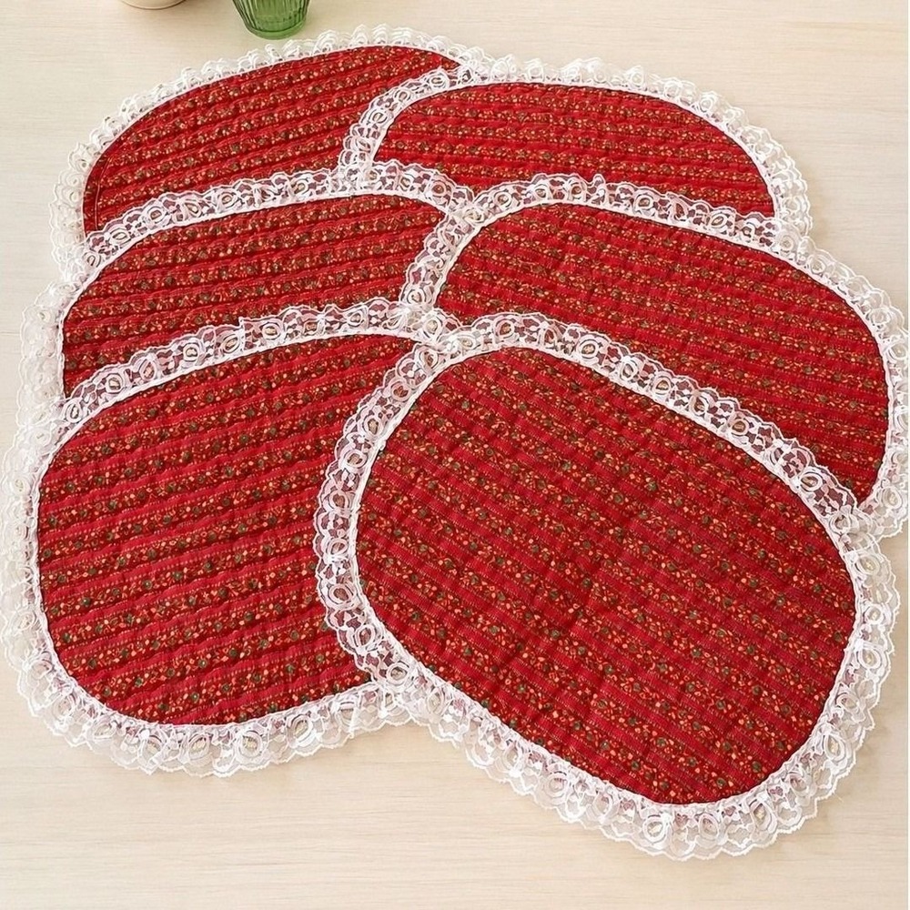 Handmade Quilted Christmas Placemats Set 6 Cottagecore GrandmaCore Red 16x13